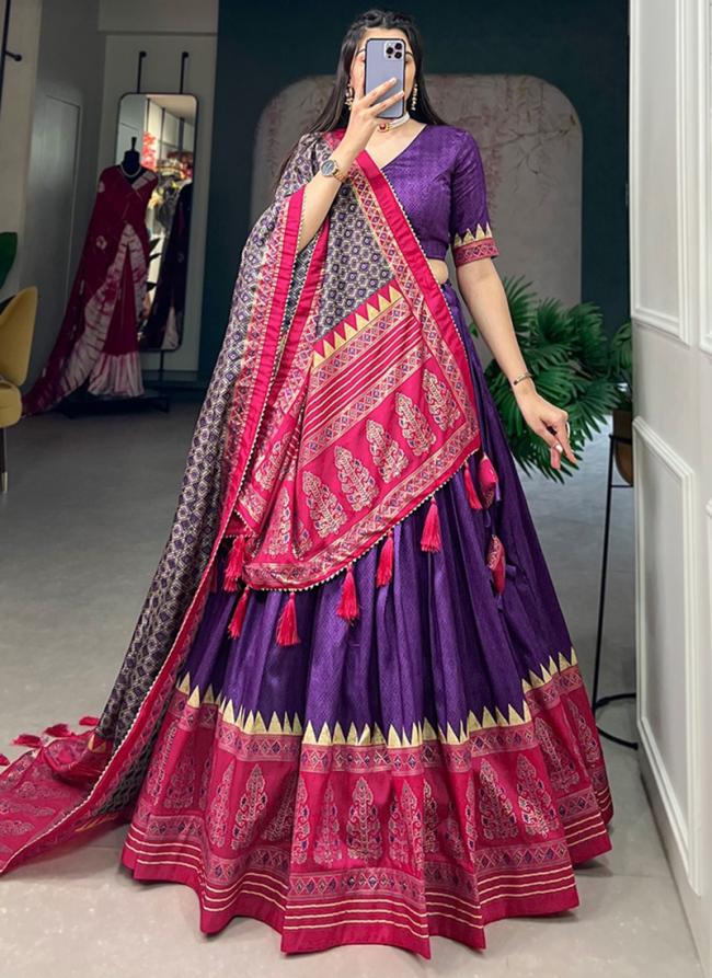 Tussar Silk Purple Festival Wear Foil Printed Lehenga Choli